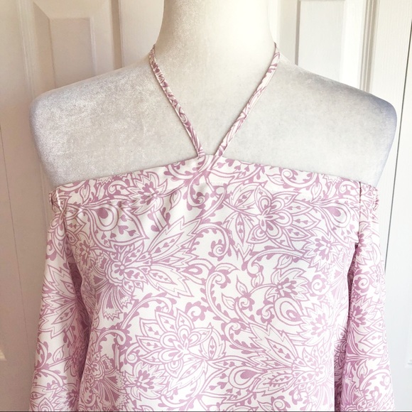 NWT Loft Light Pink Multi Boho Off Shoulder Halter Tie Dress XSP - Picture 3 of 16